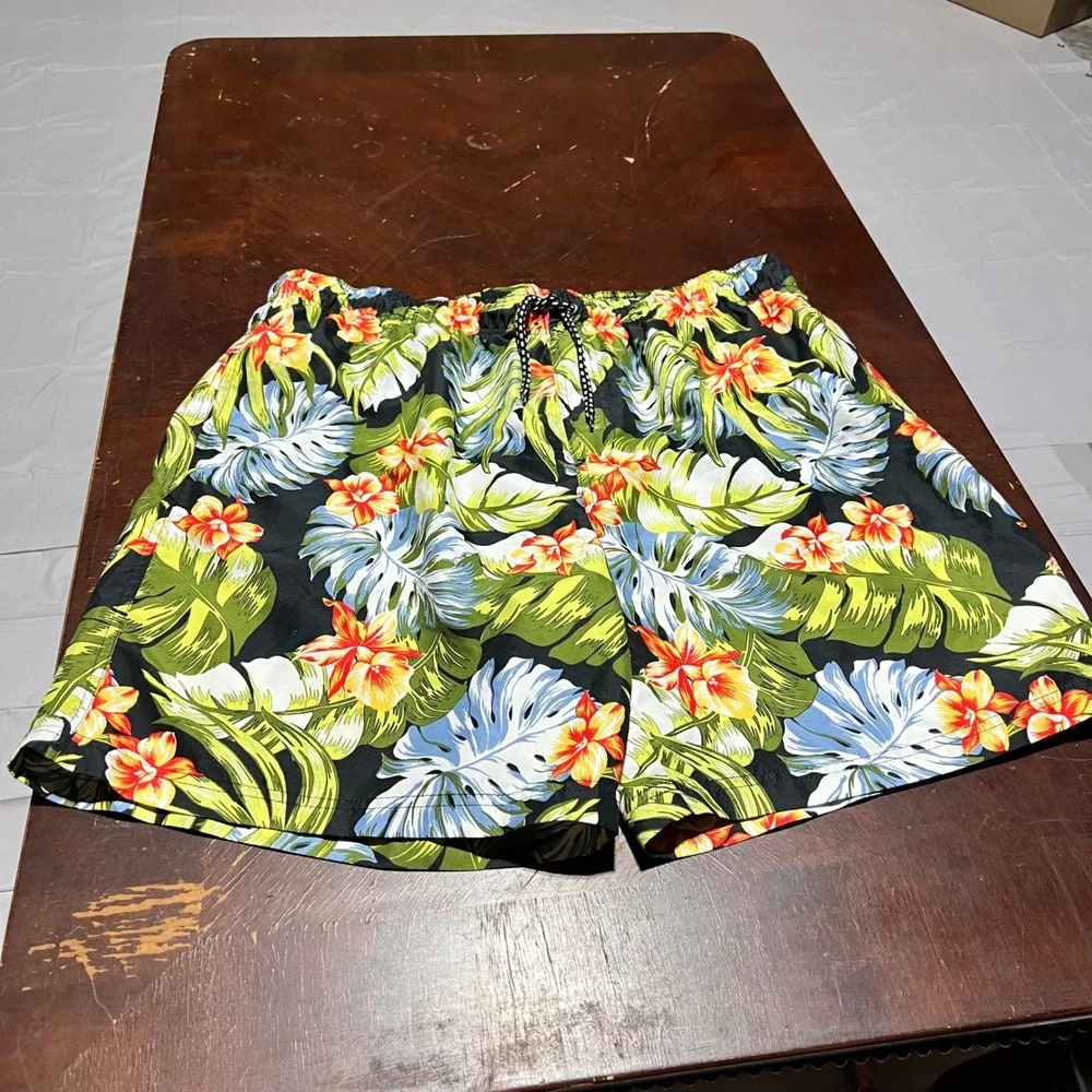 OP Ocean Pacific Mens XL Tropical Floral Swim Trunks Black Green Y2K OM26331Y